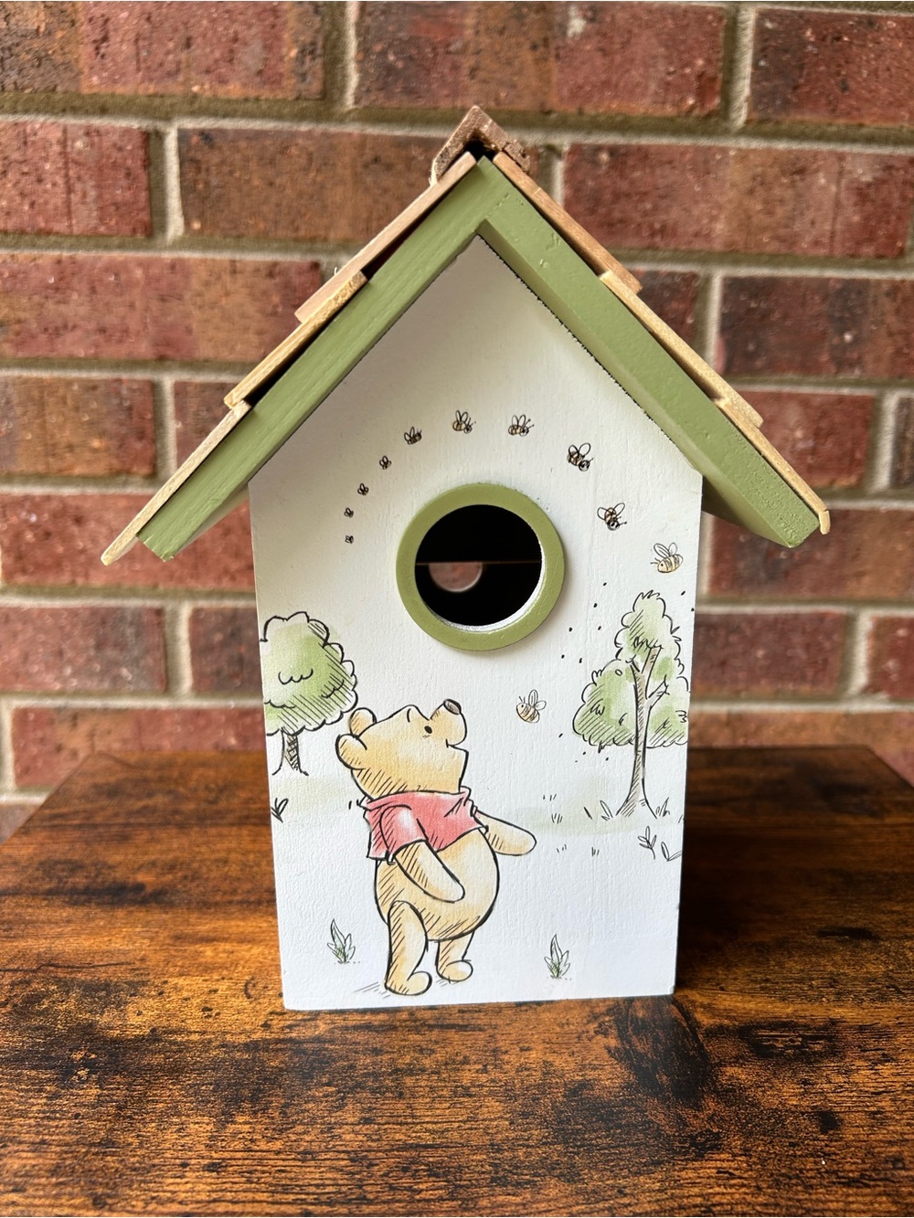 Disney Winnie the Pooh White and Green Painted Wooden Birdhouse